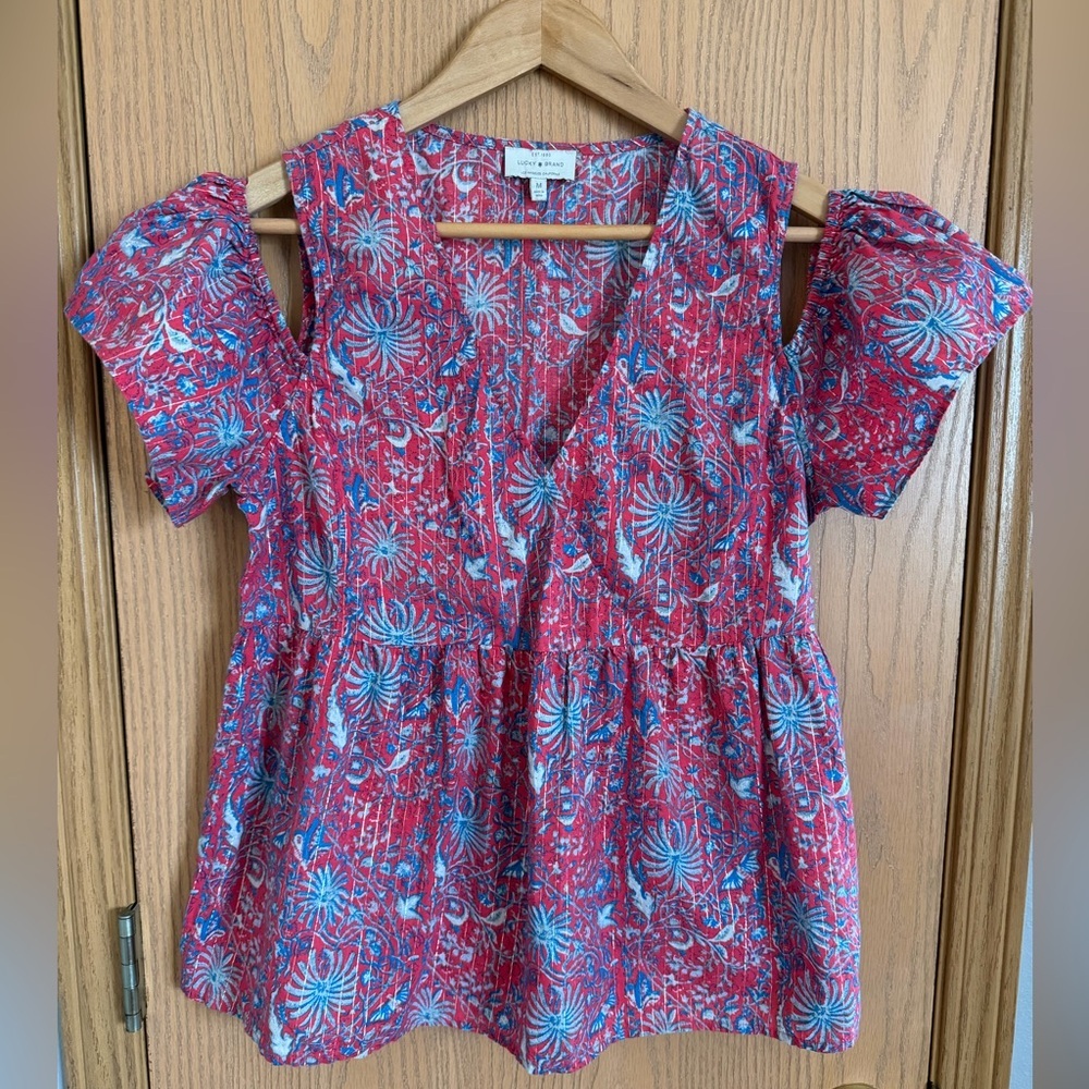 LUCKY BRAND EUC Dark Pink Blue Paisley Cold Shoulder V Neck Blouse Womens Size M